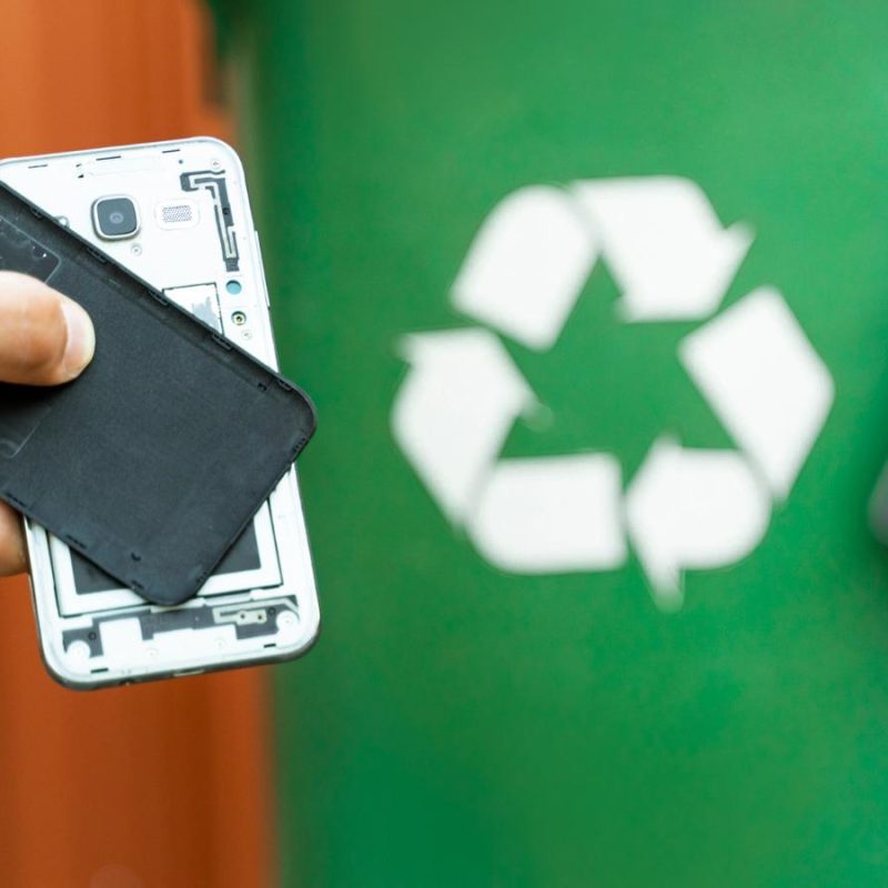 Person recycling an old smartphone in front of a green bin with a recycling symbol, emphasizing secure disposal and e-waste recycling services.